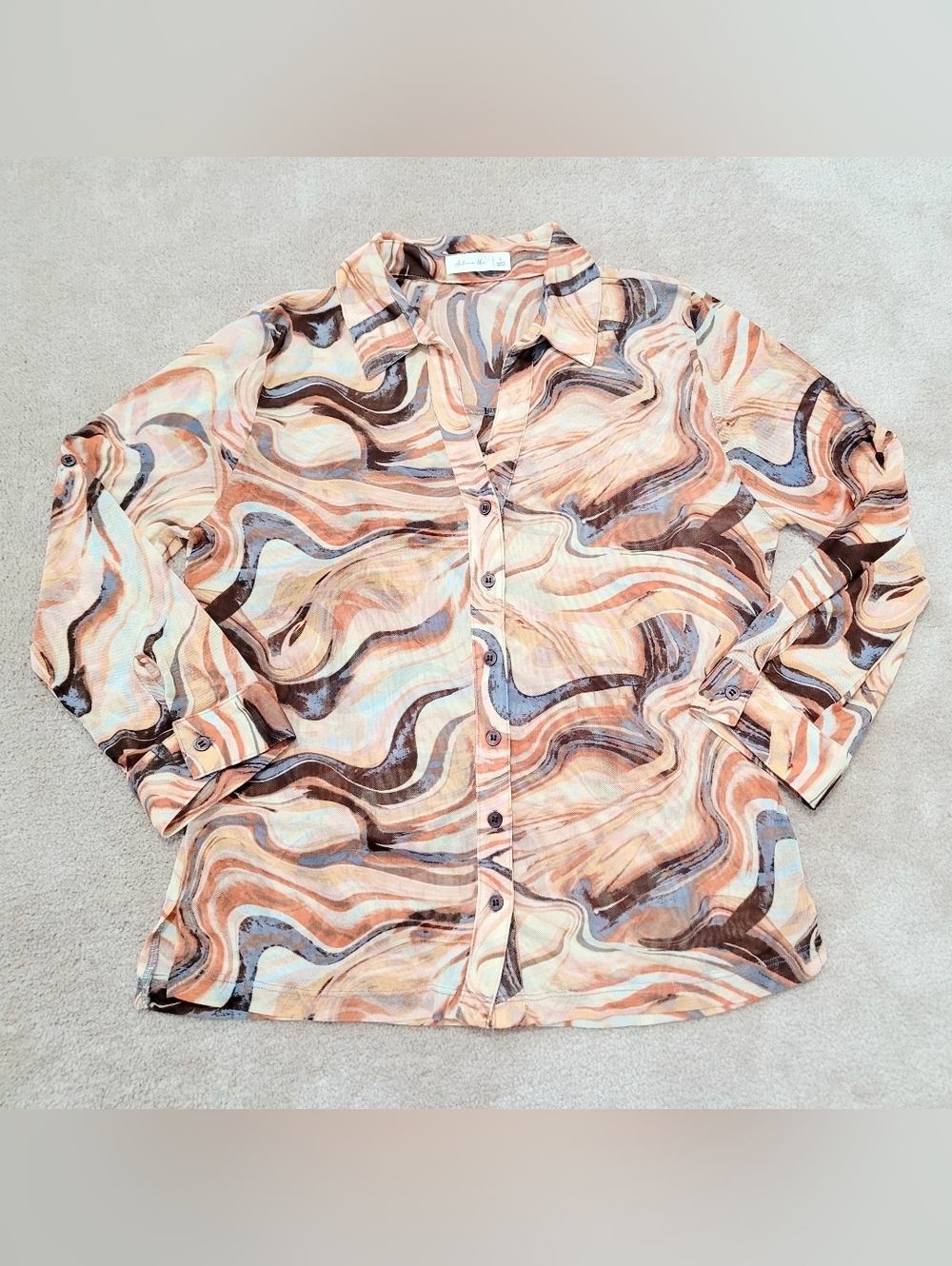 Sheer Blouse Women’s Large Marble Print Button Down Stretch Boho Active USA - Picture 11 of 11